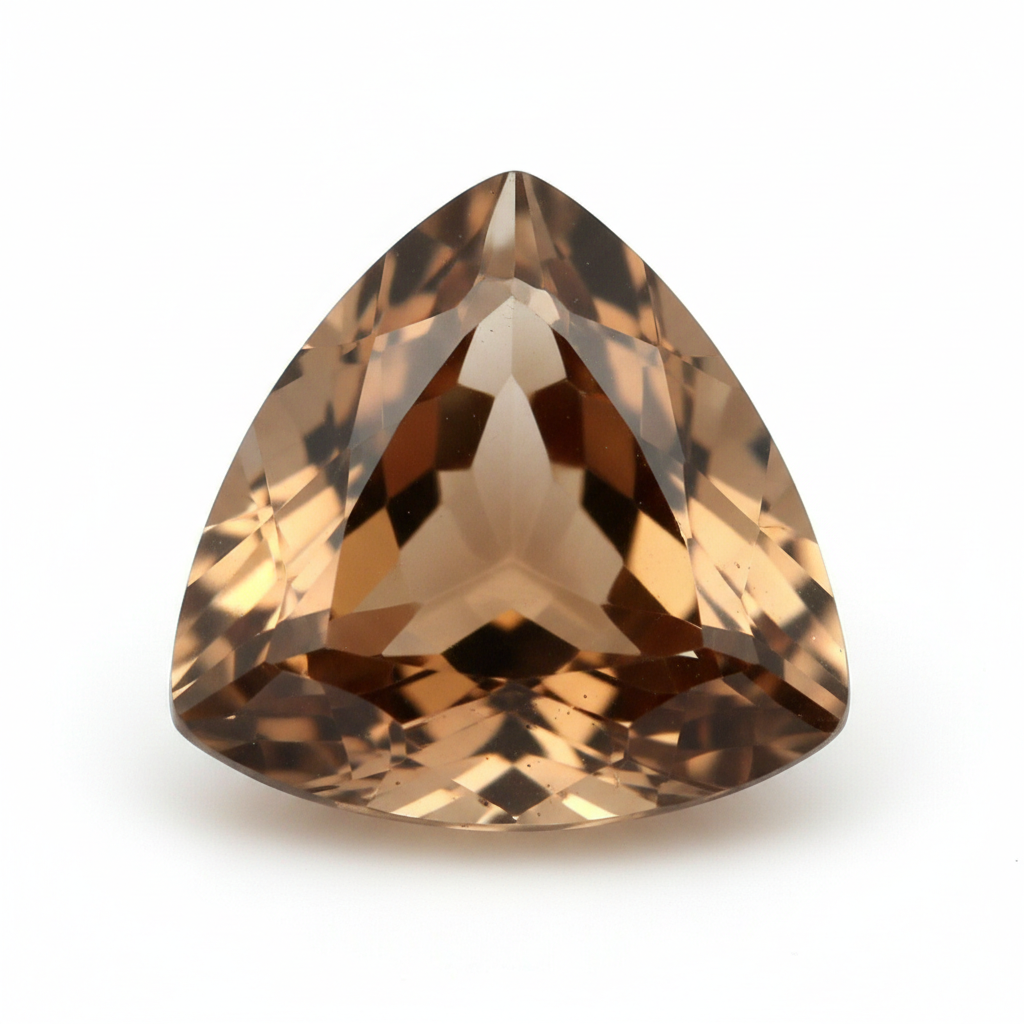 6.55ct smokey quartz trillion cut gemstone on white background showing warm brown color and precision faceting