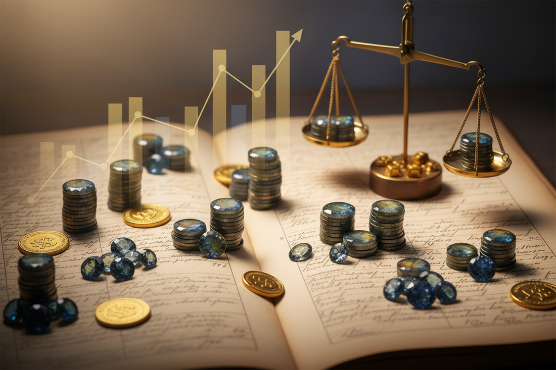 Queensland parti-color sapphires arranged like investment currency on vintage financial documents with gold coins and appreciation charts, illustrating gemstone investment value and alternative assets