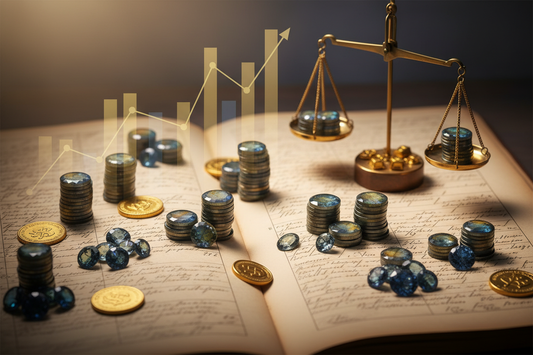 Queensland parti-color sapphires arranged like investment currency on vintage financial documents with gold coins and appreciation charts, illustrating gemstone investment value and alternative assets