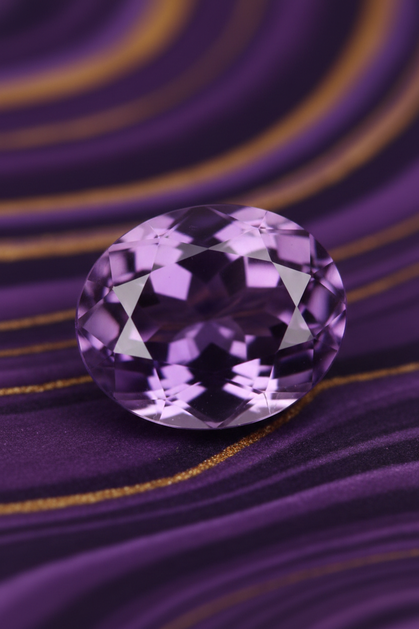 Close-up detail of 19ct amethyst showing precision faceting and A+ grade purple saturation
