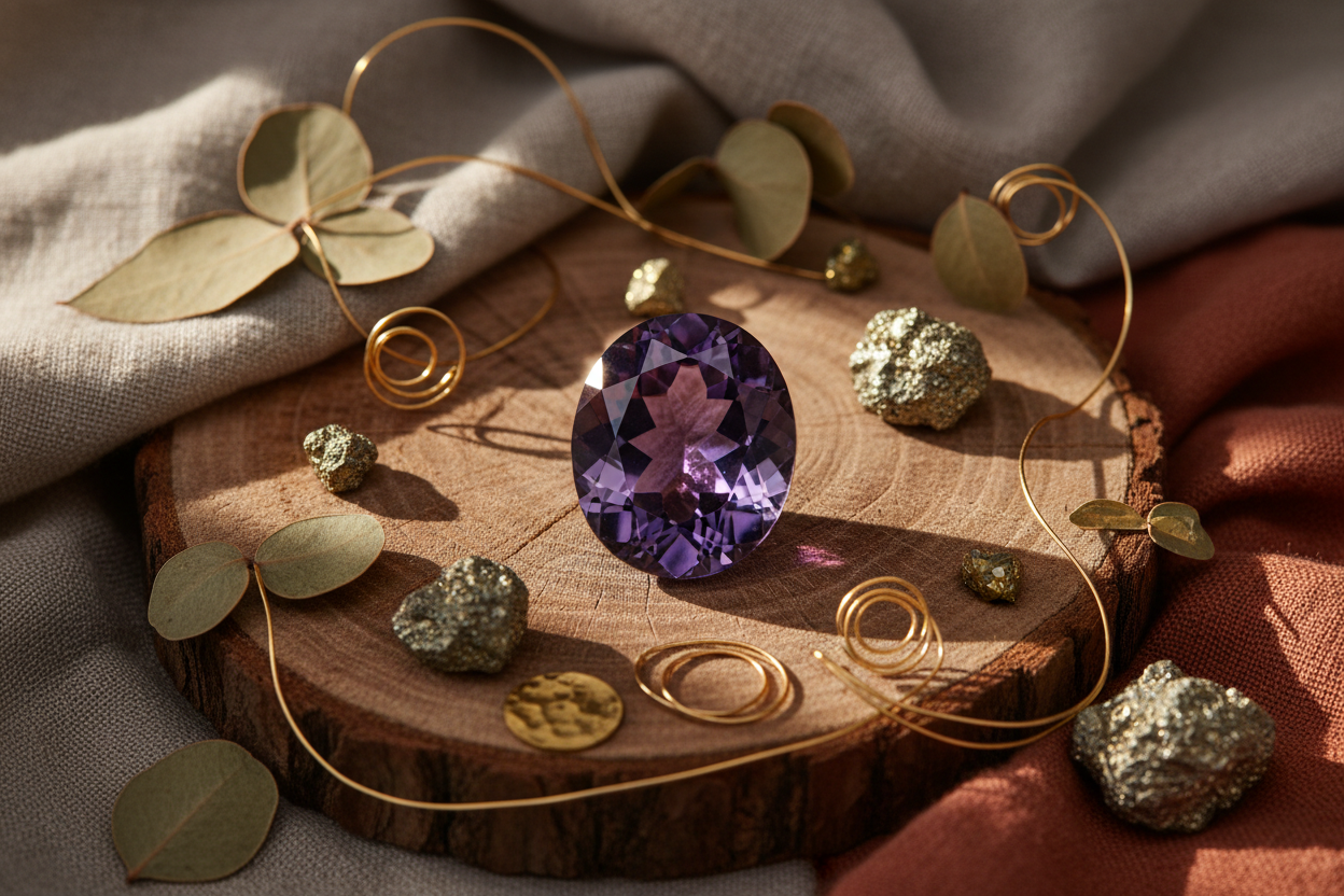 Museum-grade amethyst lifestyle shot with earthy textures and gold accents highlighting investment quality