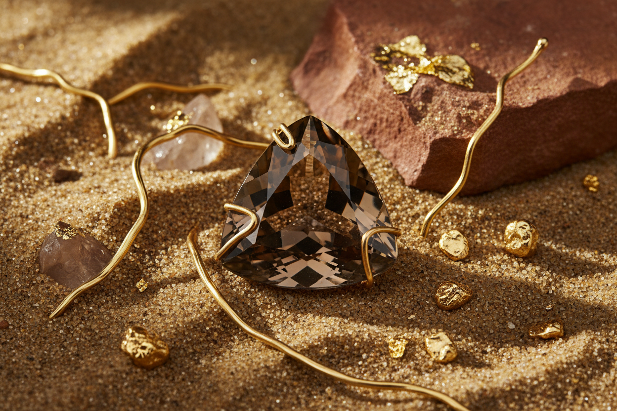 Smokey quartz trillion gemstone lifestyle shot with earthy textures and gold accents
